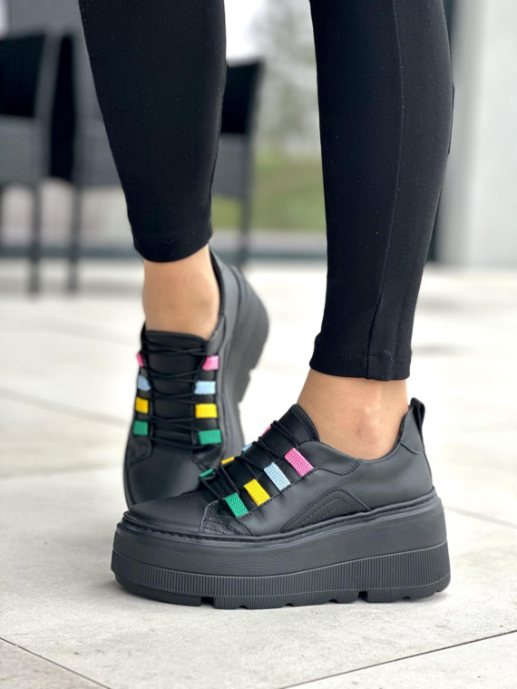 Lekkie czarne trampki damskie na platformie, skóra naturalna