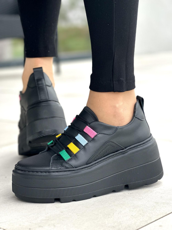 Lekkie czarne trampki damskie na platformie, skóra naturalna