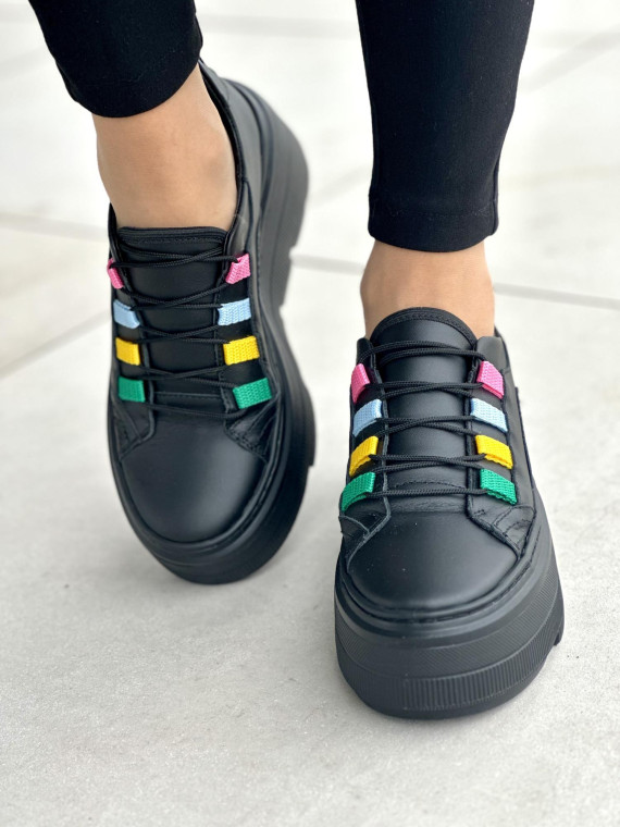 Lekkie czarne trampki damskie na platformie, skóra naturalna