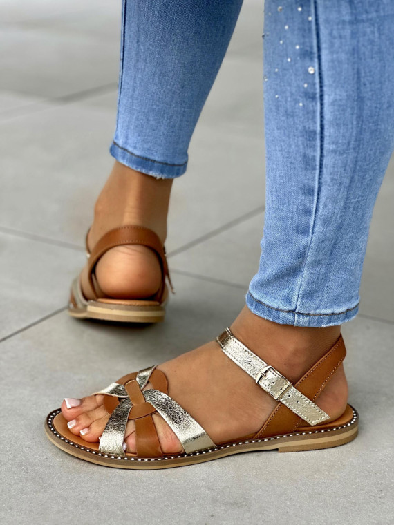 Klasyczne brązowo-złote sandały damskie, skóra naturalna
