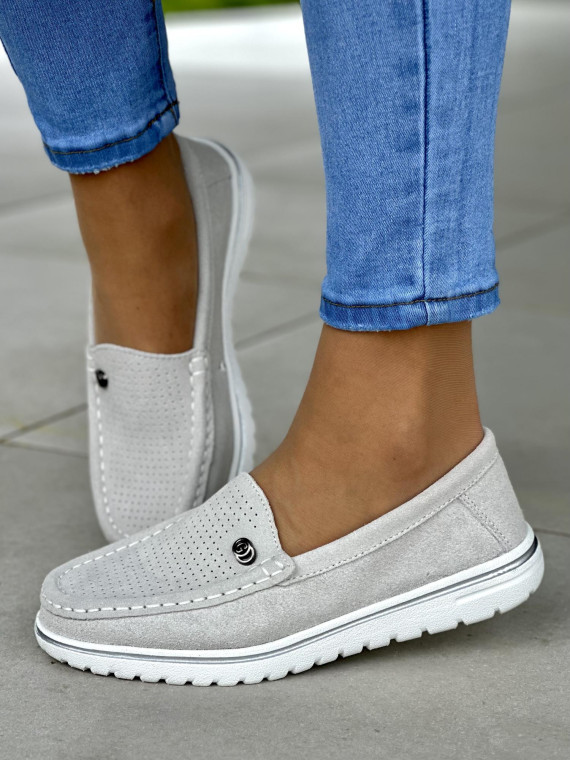Komfortowe i lekkie szare mokasyny damskie, skóra naturalna