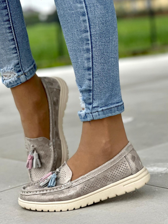 Lekkie i wygodne szaro-złote mokasyny damskie, skóra naturalna