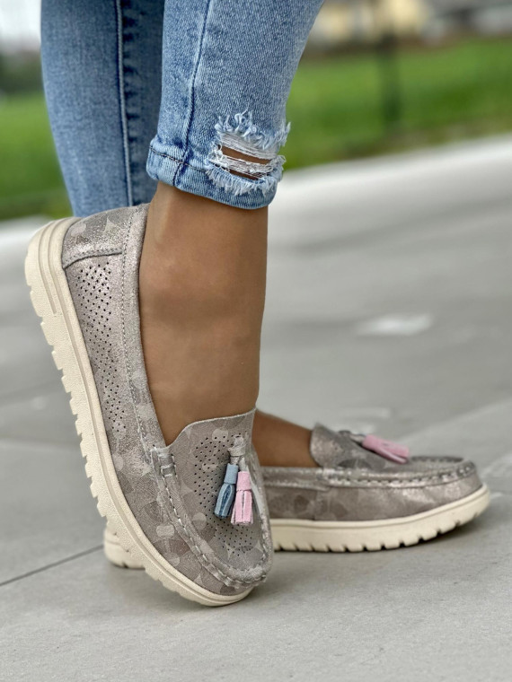 Lekkie i wygodne szaro-złote mokasyny damskie, skóra naturalna