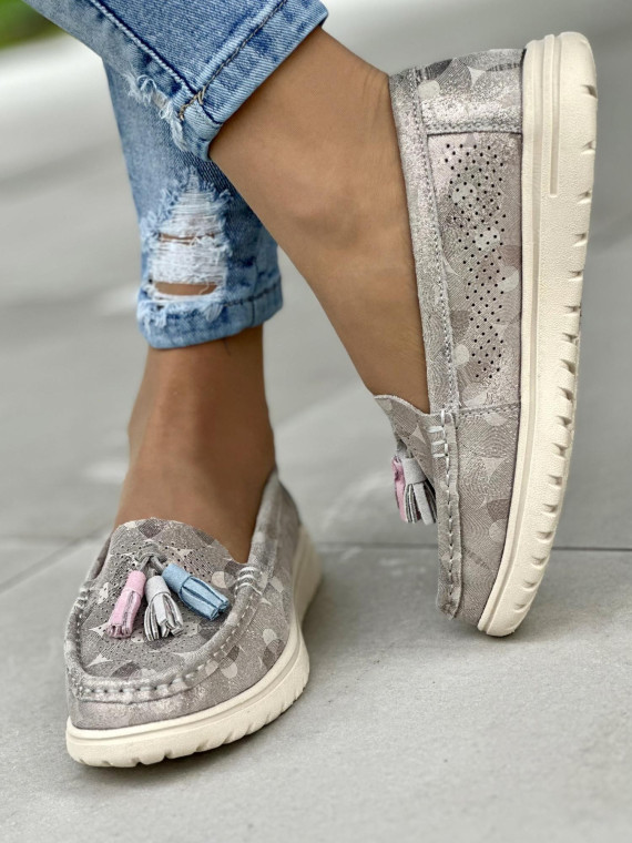 Lekkie i wygodne szaro-złote mokasyny damskie, skóra naturalna