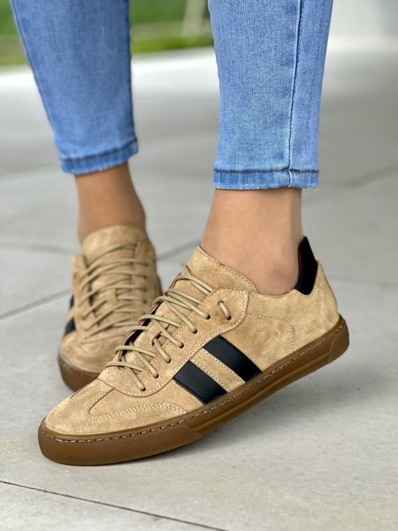 Brązowe trampki damskie z czarnymi akcentami, skóra naturalna