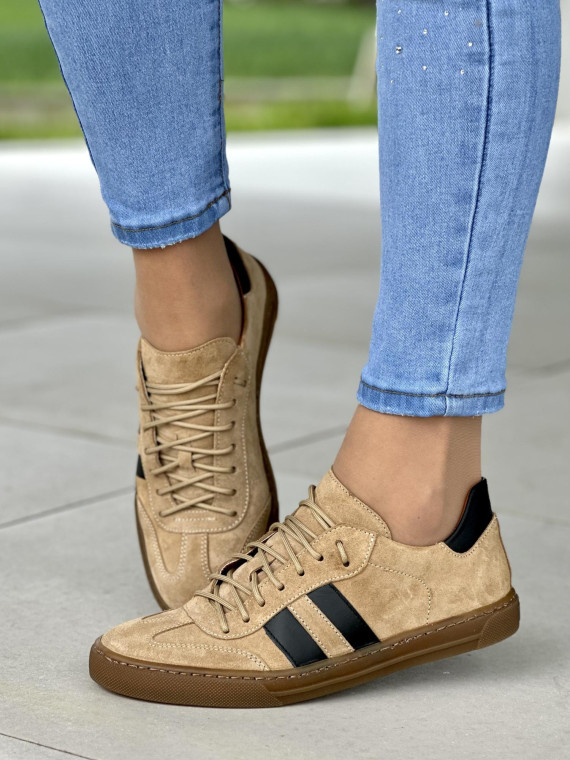 Brązowe trampki damskie z czarnymi akcentami, skóra naturalna