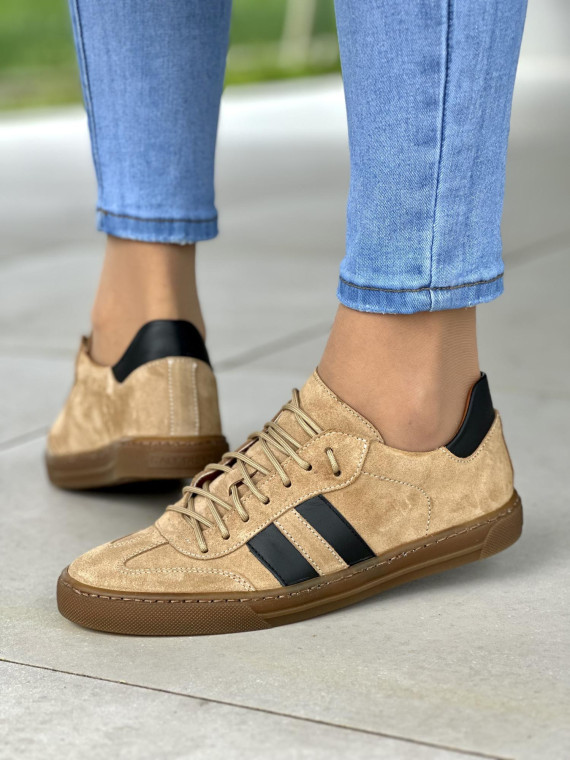 Brązowe trampki damskie z czarnymi akcentami, skóra naturalna