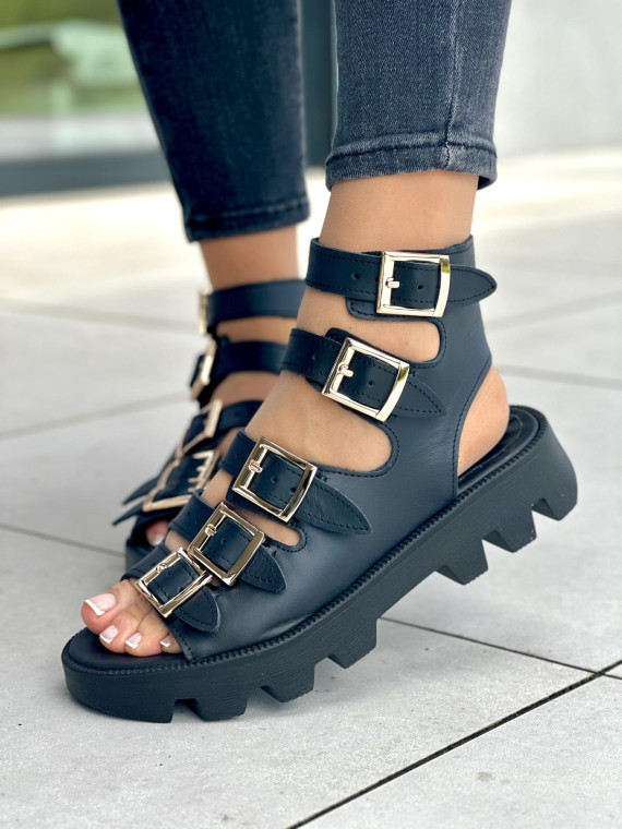 Czarne sandały damskie z klamerkami, skóra naturalna