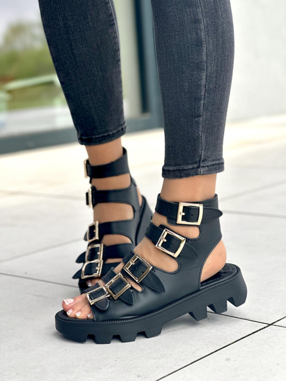 Czarne sandały damskie z klamerkami, skóra naturalna