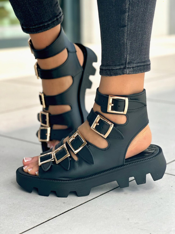 Czarne sandały damskie z klamerkami, skóra naturalna