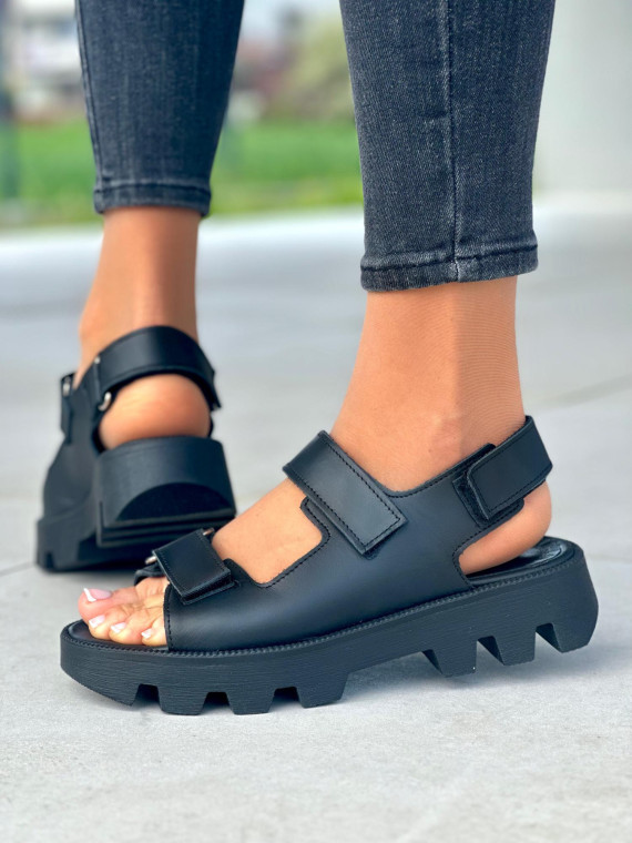 Czarne sportowe sandały damskie, skóra naturalna