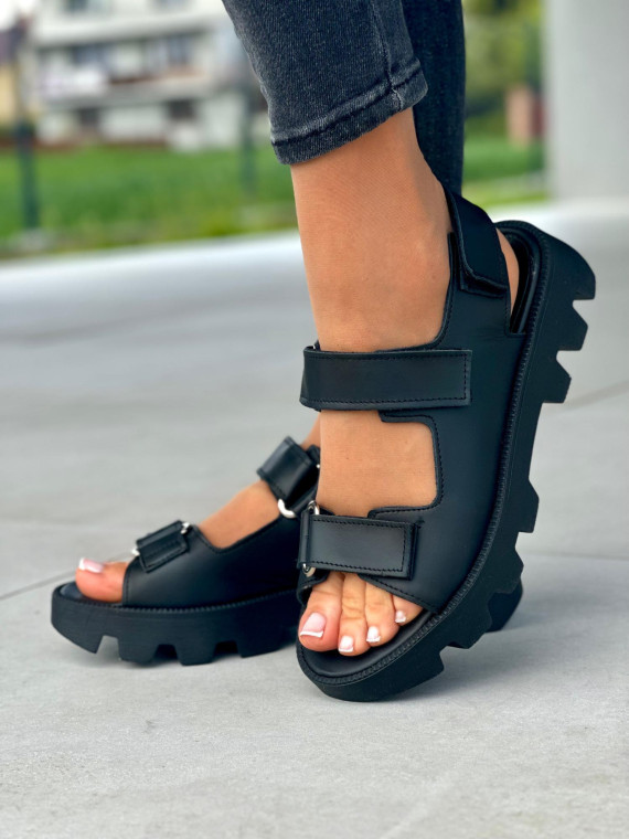 Czarne sportowe sandały damskie, skóra naturalna