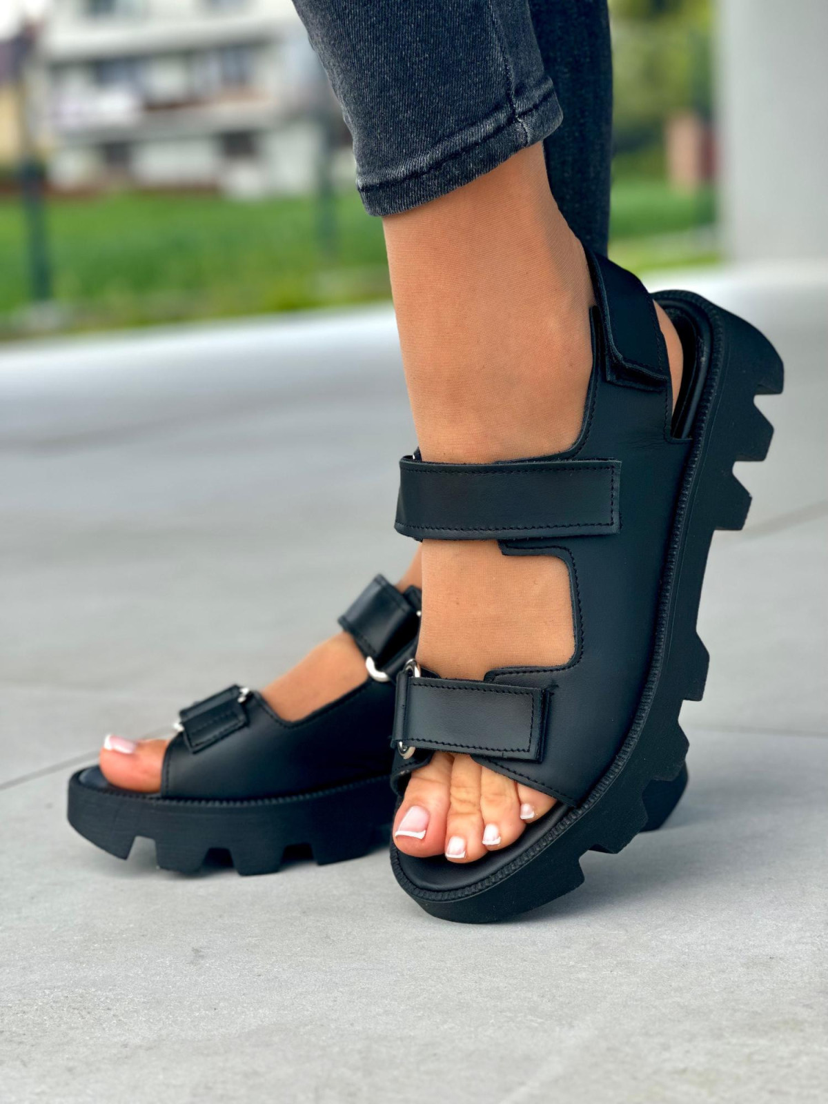 Czarne sportowe sandały damskie, skóra naturalna