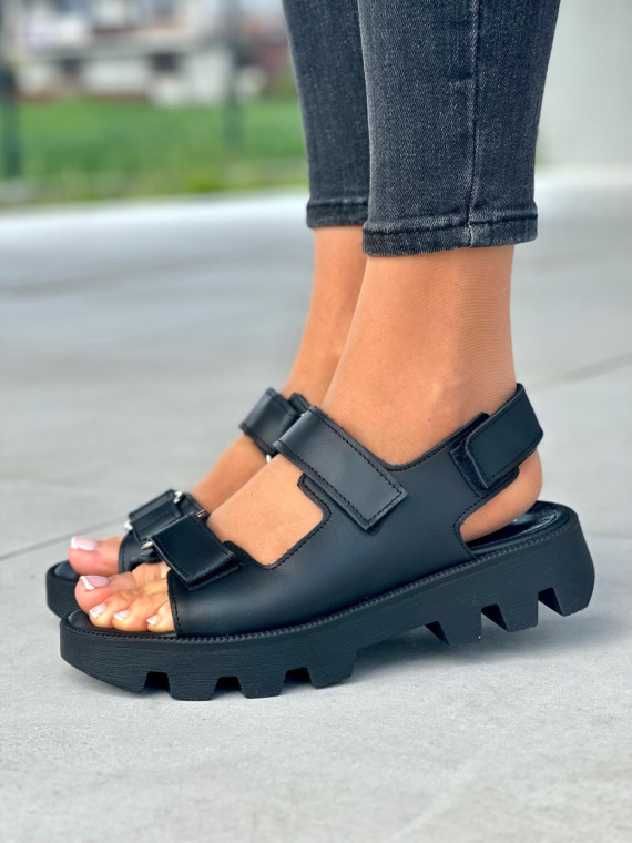 Czarne sportowe sandały damskie, skóra naturalna