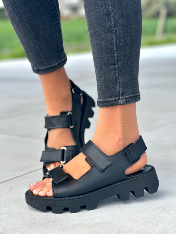 Czarne sportowe sandały damskie, skóra naturalna