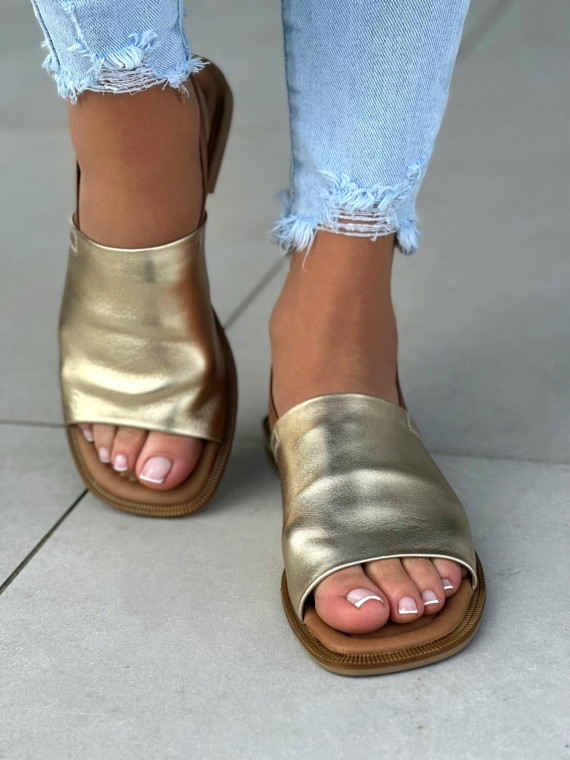 Złote sandały damskie z gumą, skóra naturalna