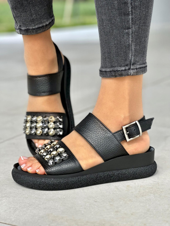 Czarne sandały damskie z ozdobnymi kryształkami, skóra naturalna