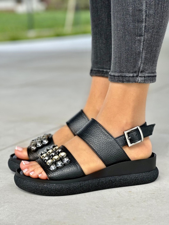 Czarne sandały damskie z ozdobnymi kryształkami, skóra naturalna