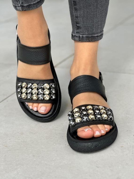 Czarne sandały damskie z ozdobnymi kryształkami, skóra naturalna