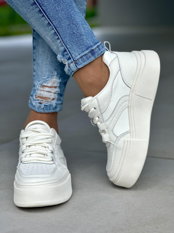 Białe trampki damskie z ozdobnym sznurowaniem, skóra naturalna