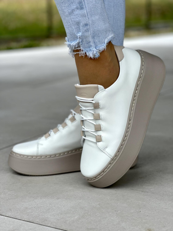 Beżowe sneakersy damskie OLEKSY ze skóry naturalnej polskiej produkcji