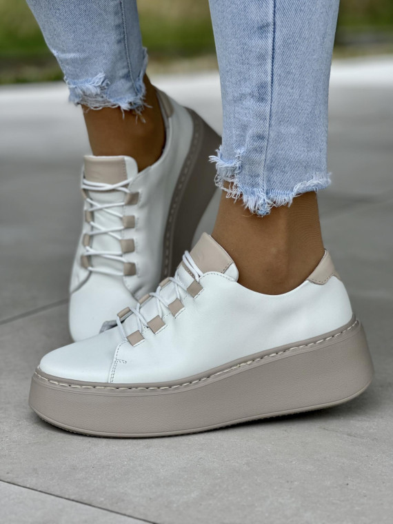 Beżowe sneakersy damskie OLEKSY ze skóry naturalnej polskiej produkcji