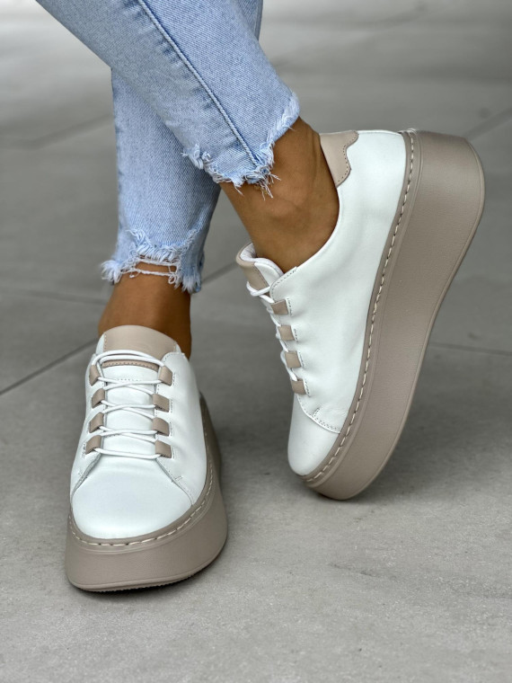 Beżowe sneakersy damskie OLEKSY ze skóry naturalnej polskiej produkcji