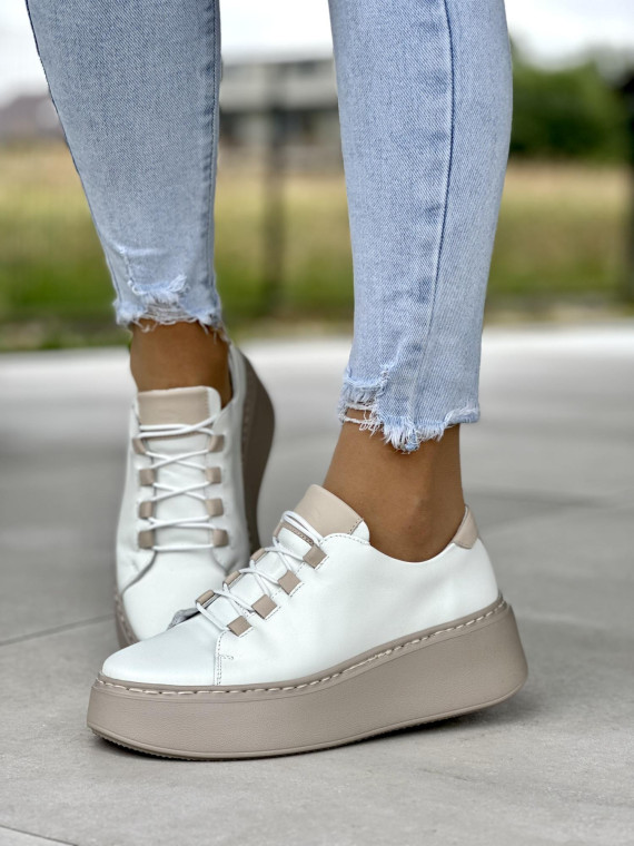 Beżowe sneakersy damskie OLEKSY ze skóry naturalnej polskiej produkcji