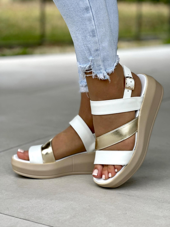 Biało-złote sandały damskie skórzane OLEKSY polskiej produkcji