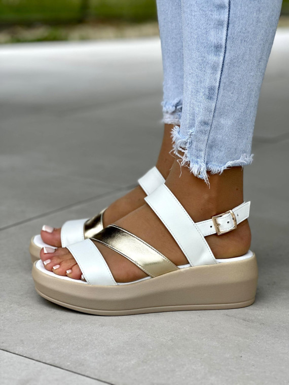 Biało-złote sandały damskie skórzane OLEKSY polskiej produkcji