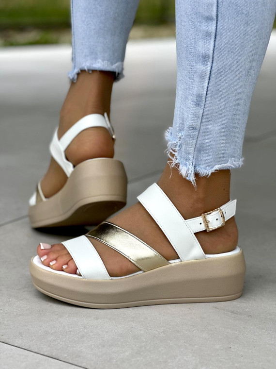 Biało-złote sandały damskie skórzane OLEKSY polskiej produkcji