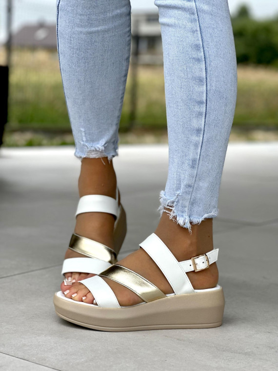 Biało-złote sandały damskie skórzane OLEKSY polskiej produkcji