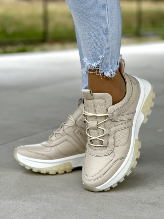 Piękne beżowe sneakersy damskie skórzane OLEKSY polskiej produkcji na grubej podeszwie