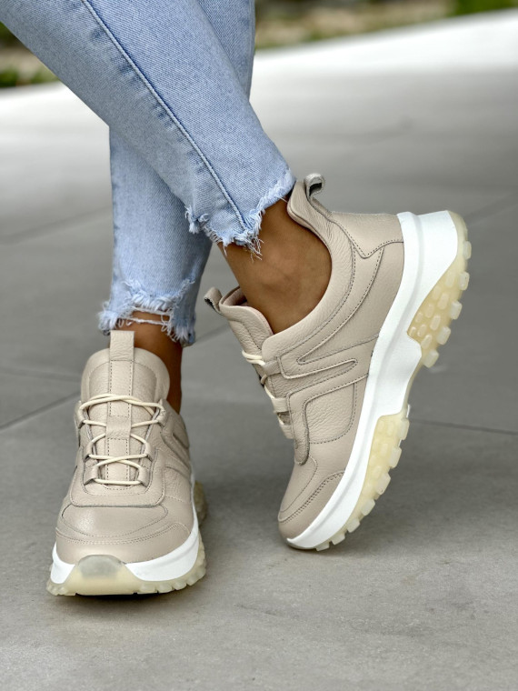 Piękne beżowe sneakersy damskie skórzane OLEKSY polskiej produkcji na grubej podeszwie