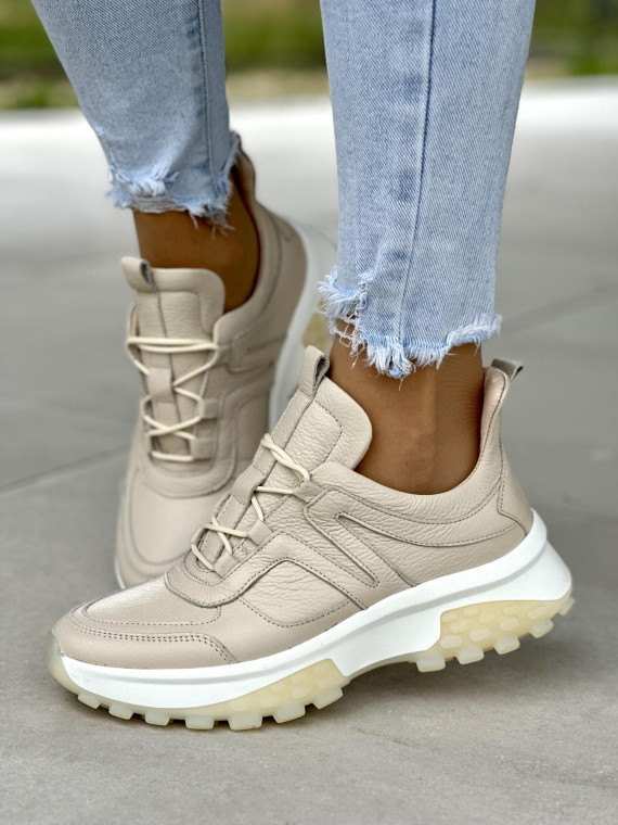 Piękne beżowe sneakersy damskie skórzane OLEKSY polskiej produkcji na grubej podeszwie