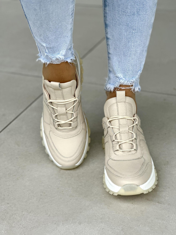 Piękne beżowe sneakersy damskie skórzane OLEKSY polskiej produkcji na grubej podeszwie