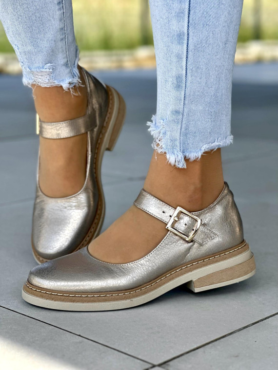 Złote półbuty damskie skórzane OLEKSY na wygodnym obcasie polskiej produkcji