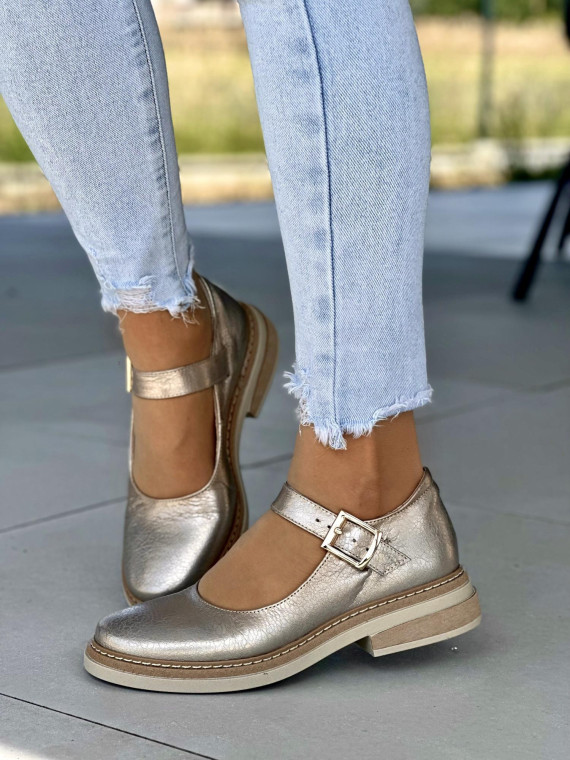 Złote półbuty damskie skórzane OLEKSY na wygodnym obcasie polskiej produkcji