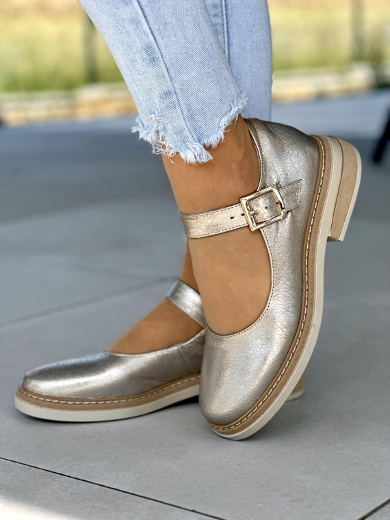 Złote półbuty damskie skórzane OLEKSY na wygodnym obcasie polskiej produkcji