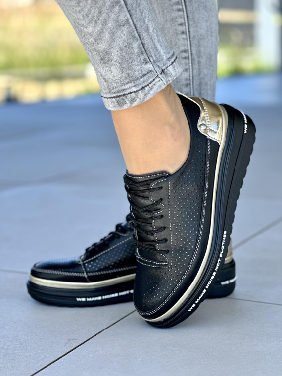 Czarne z dodatkiem złota trampki damskie ze skóry naturalnej