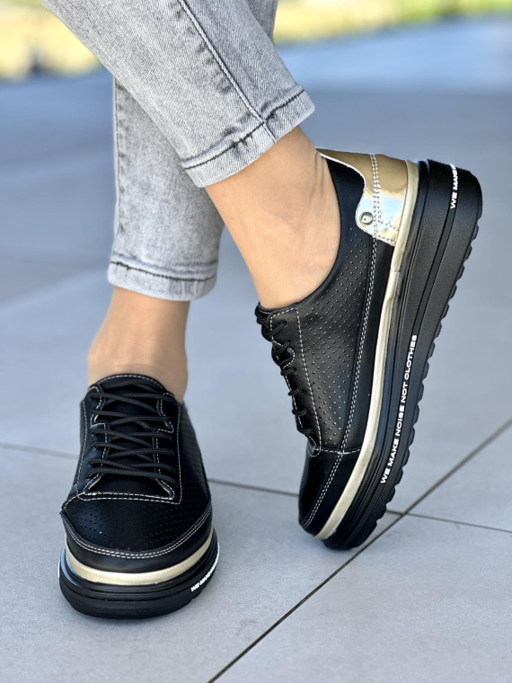 Czarne z dodatkiem złota trampki damskie ze skóry naturalnej