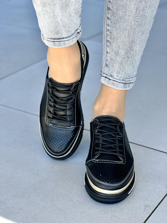 Czarne z dodatkiem złota trampki damskie ze skóry naturalnej