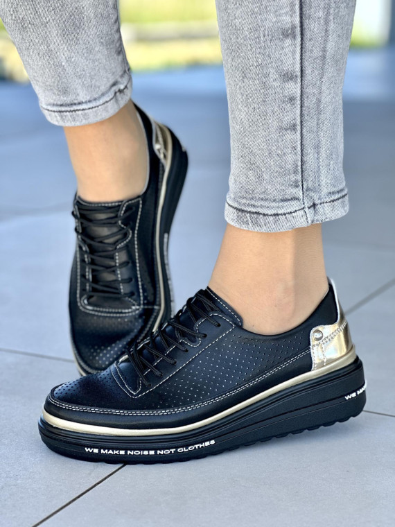 Czarne z dodatkiem złota trampki damskie ze skóry naturalnej