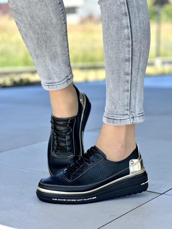 Czarne z dodatkiem złota trampki damskie ze skóry naturalnej