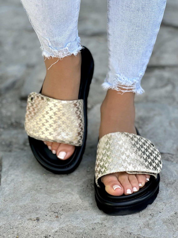 Mega wygodne złote klapki damskie ze skóry naturalnej