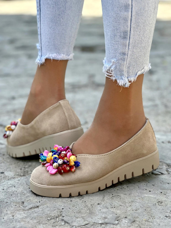 Beżowe baleriny damskie skórzane