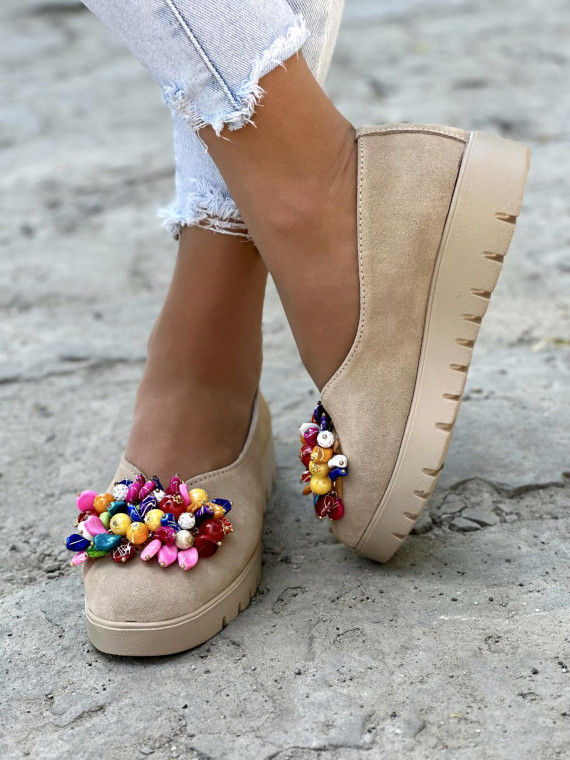 Beżowe baleriny damskie skórzane