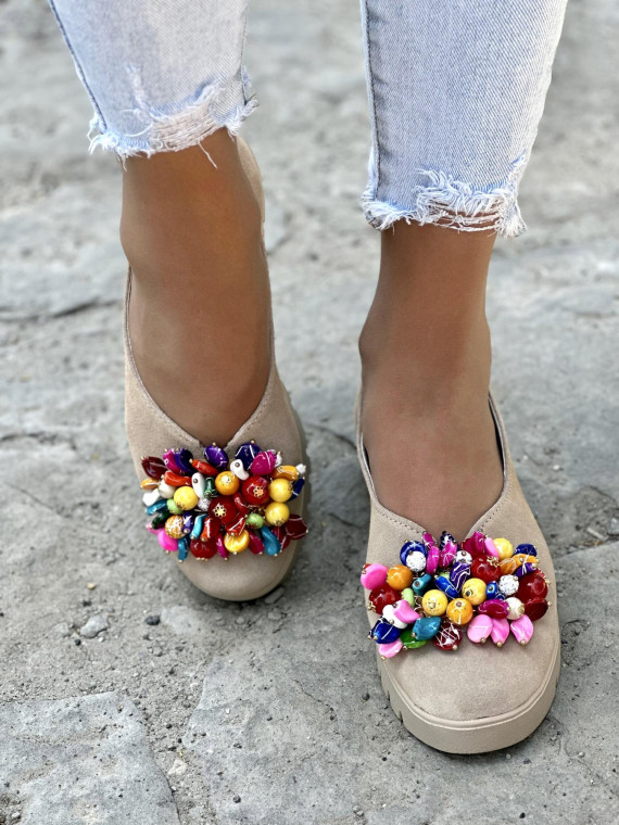 Beżowe baleriny damskie skórzane