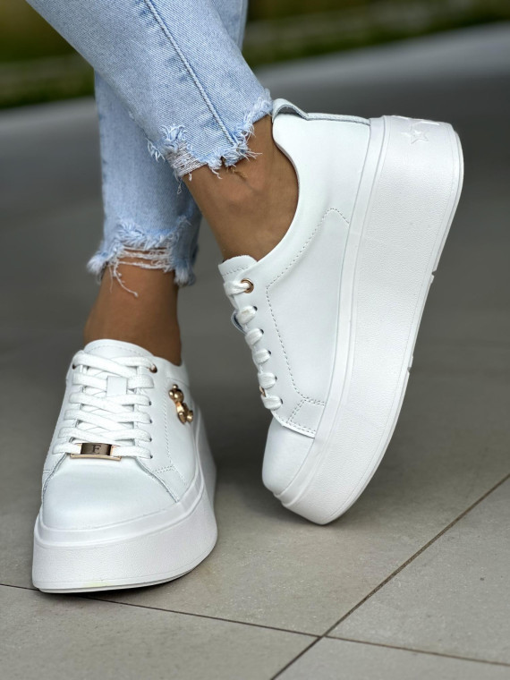 Białe trampki na grubym spodzie ze skóry naturalnej