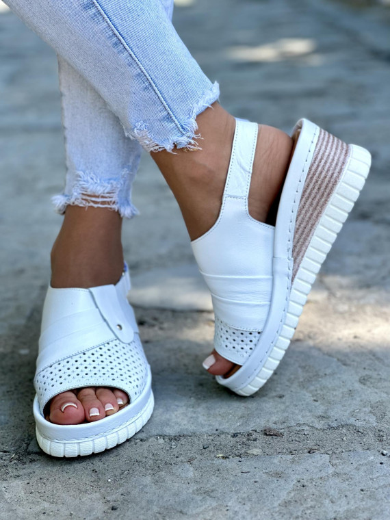 Mega wygodne białe sandały damskie skórzane na koturnie